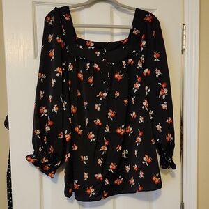 LC Lauren Conrad Black Blouse with Red and White Floral Print